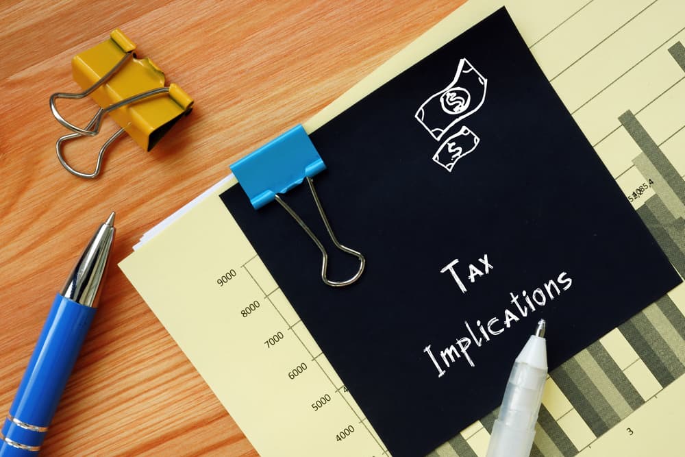 The image featuring the inscription "Tax Implications" on a piece of paper, surrounded by financial elements. 