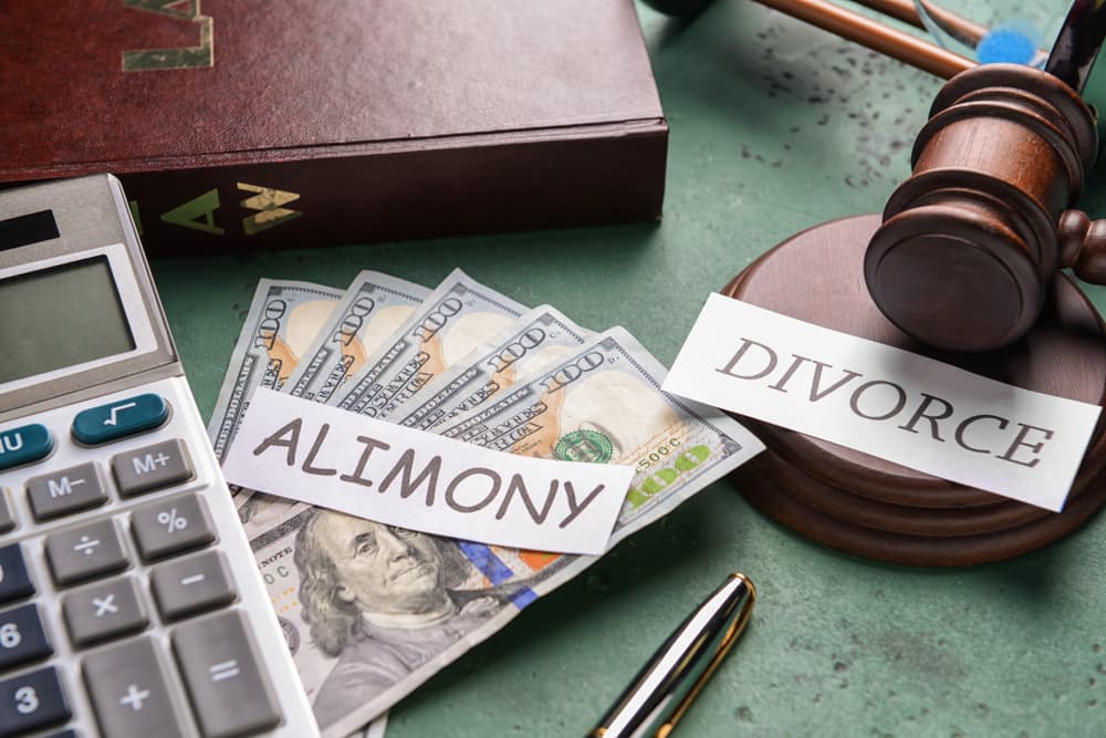 Composition with words ALIMONY and DIVORCE, money and calculator