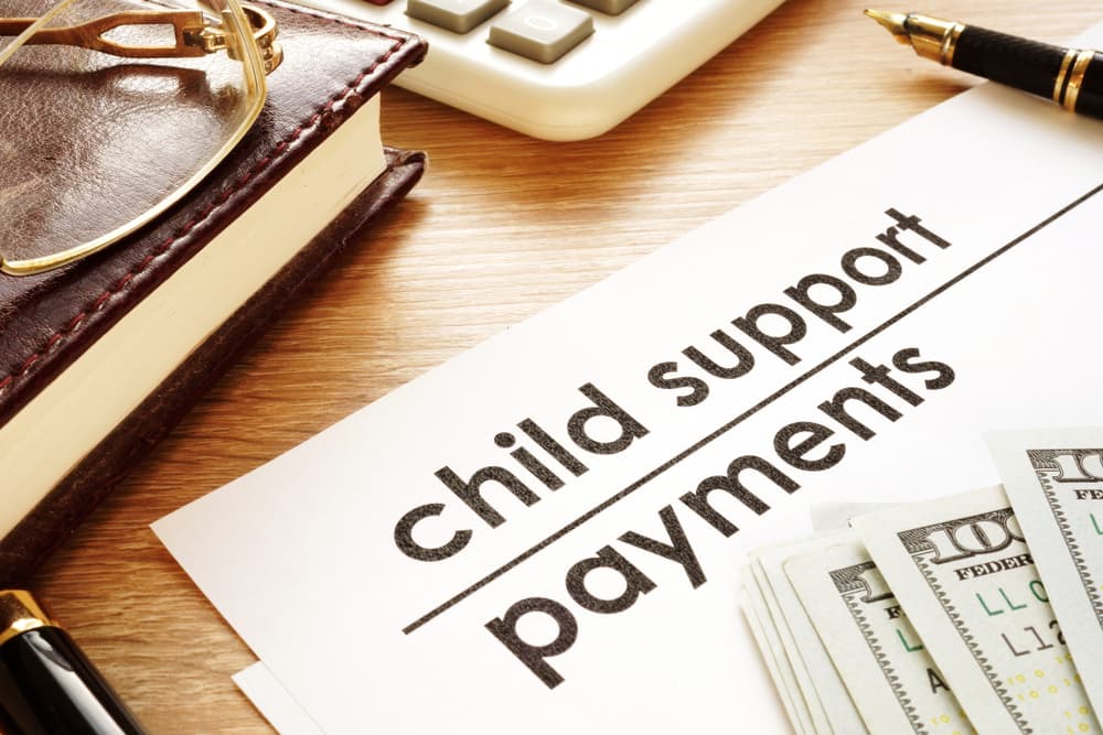 Child support payments printed on white paper with presence of book and dollars