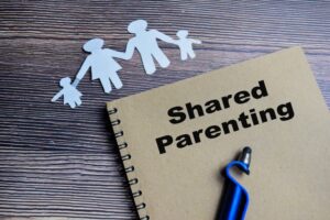 Concept of shared parenting write on book isolated on Wooden Table.