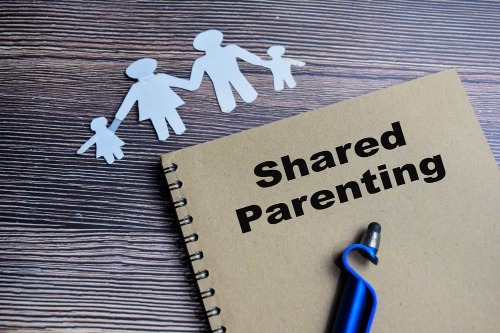Concept of shared parenting write on book isolated on Wooden Table.